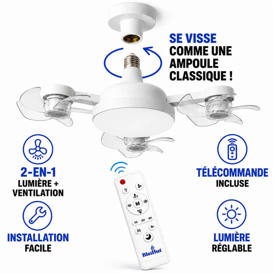 Ventilateur LED E27 qui s’installe comme une ampoule avec télécommande